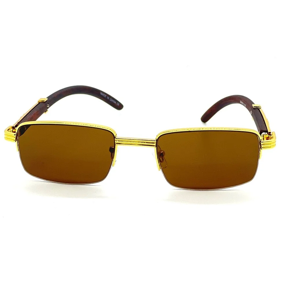 Gold Frame Sunglasses Brown Lens Wood Arms Men's Rectangular Buffs Shades Classy